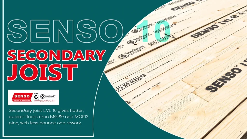 Plywood Sheet Support: Secondary Joist LVL 10 vs MGP10 and MGP12 Pine Plywood sheet floor framing with secondary joist LVL 10 for flatter, quieter floors than MGP10/MGP12 pine