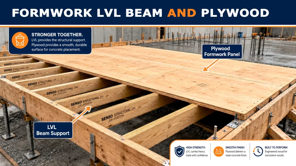 Formwork LVL beam and plywood panel working together in a concrete formwork system
