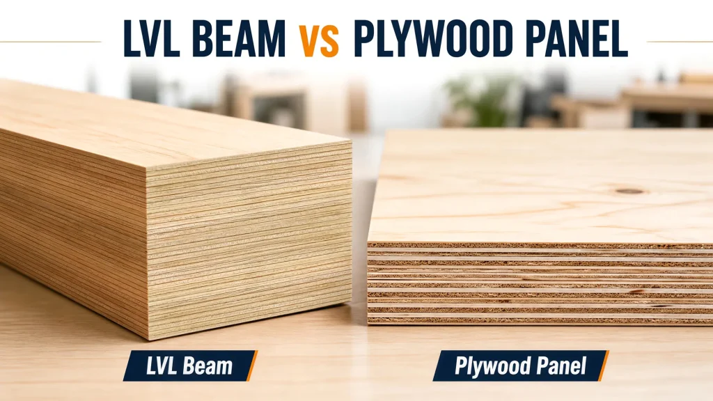 LVL beam vs plywood panel showing the difference between structural member and sheet material