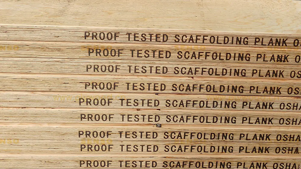 Proof tested scaffold plank edge marking on SENSO OSHA boards showing product identity and inspection traceability