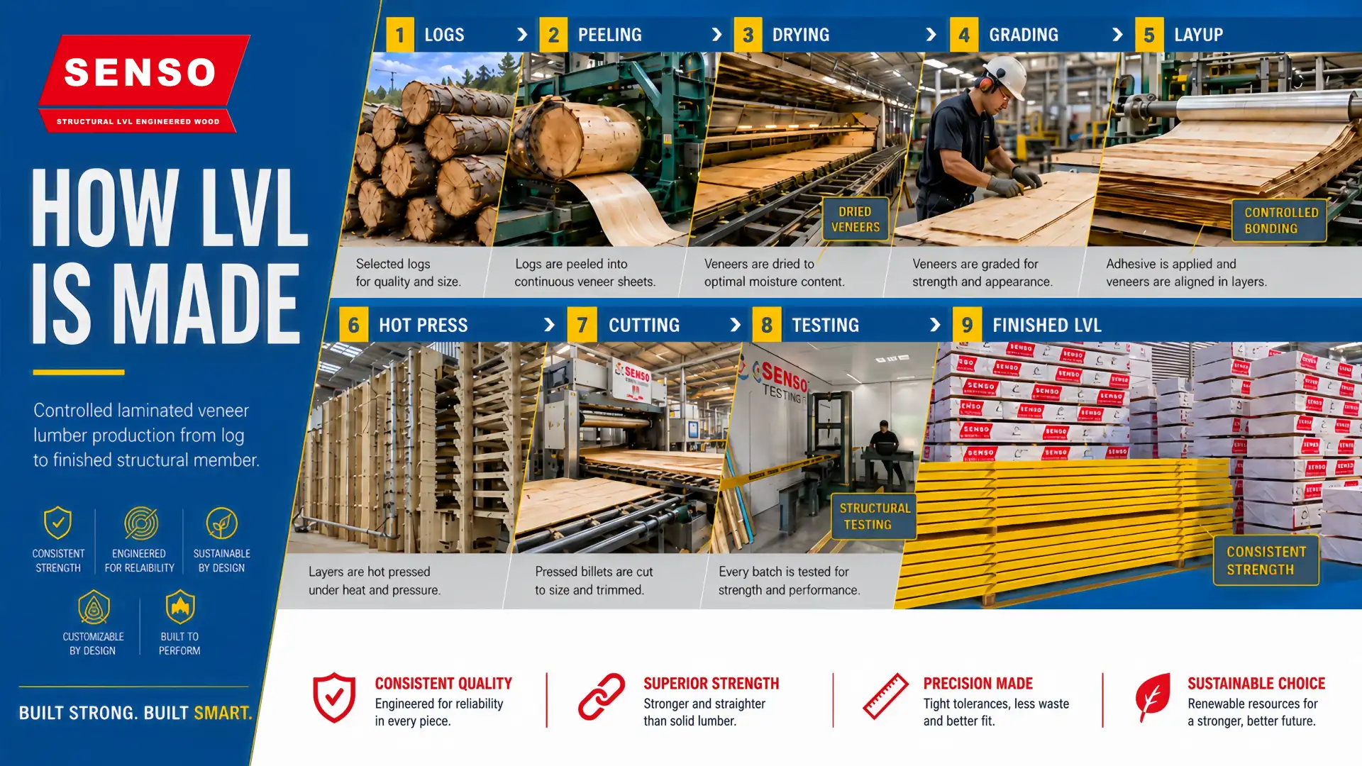 How is LVL made visual showing logs veneers drying grading parallel layup hot pressing testing and finished structural beams