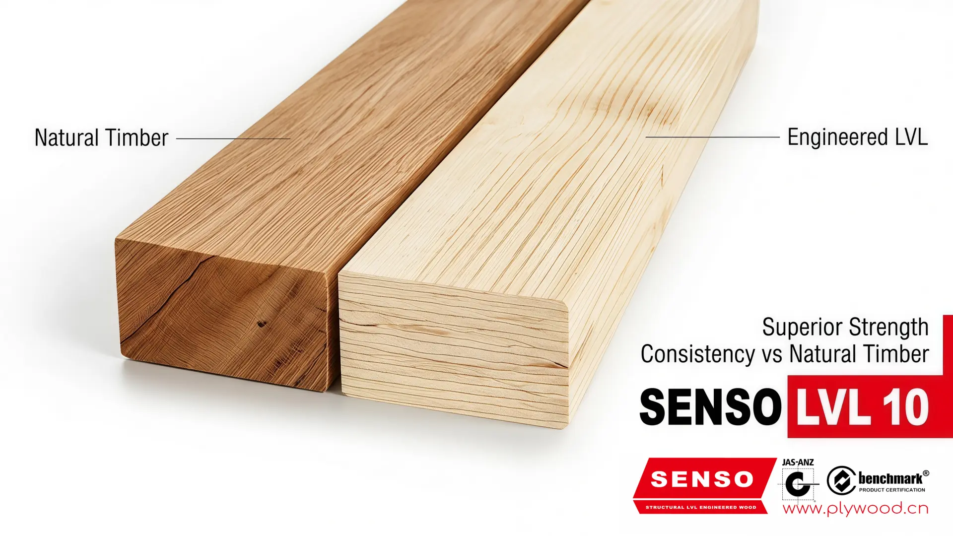 LVL strength consistency answer image comparing natural timber knots and grain changes with graded veneers distributed through a controlled LVL layup