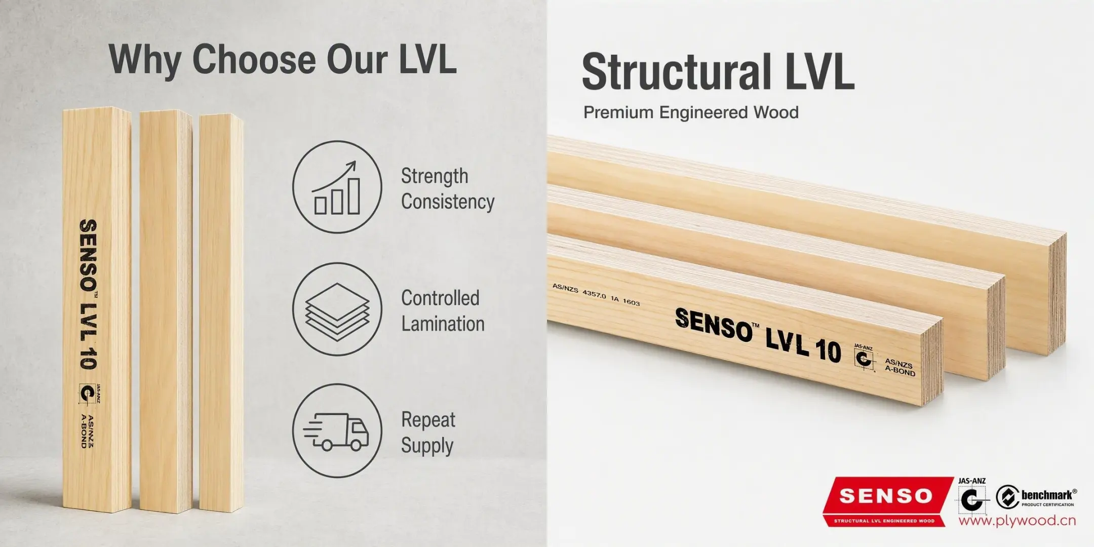 LVL strength consistency technical diagram showing a natural timber knot divided through peeled veneers then graded and distributed through an LVL billet