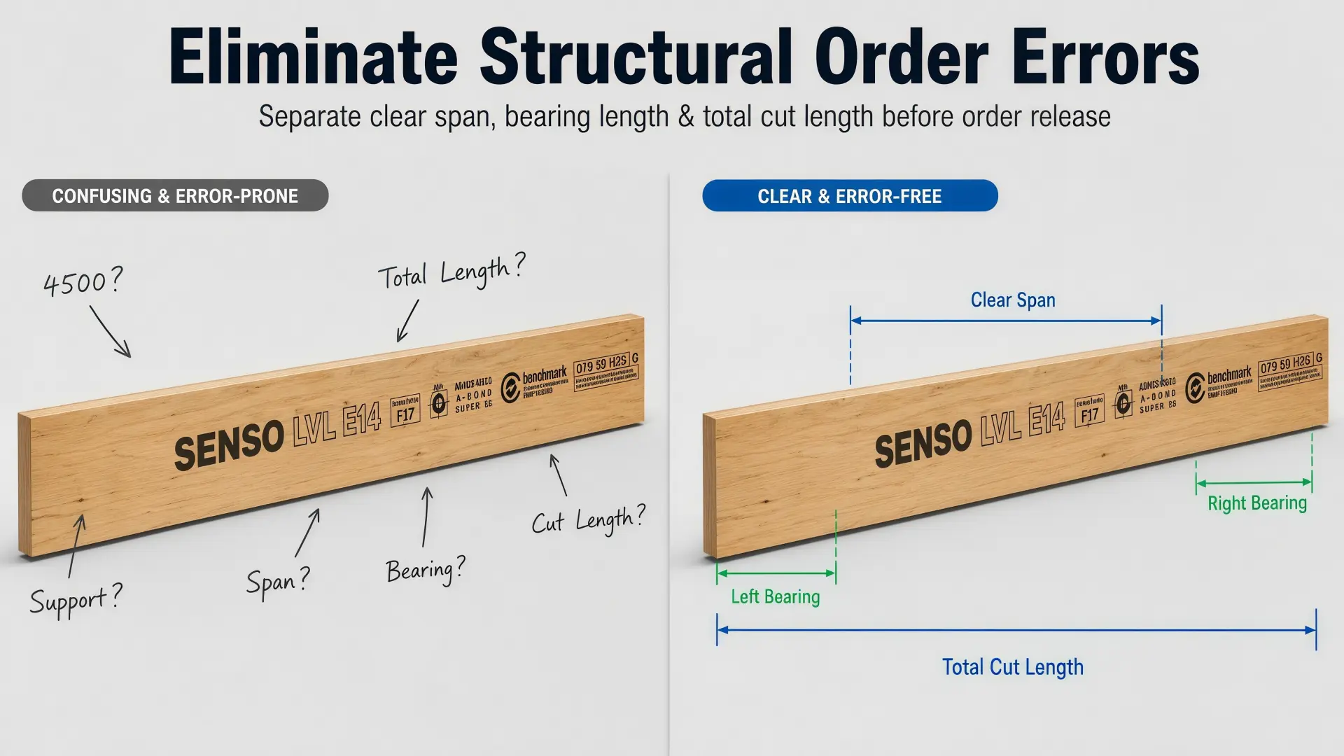 LVL Clear Span and Bearing Length Dimension Diagram LVL clear span and bearing length order release checklist for drawings supports product grade and cut length