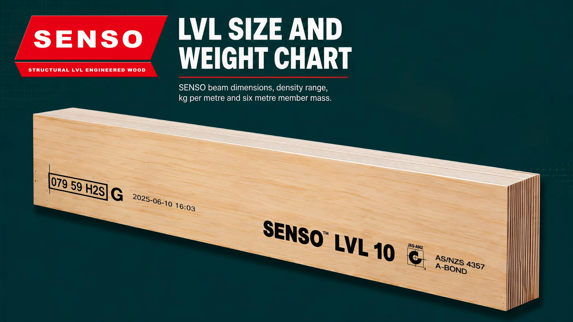 LVL size and weight chart showing SENSO beam dimensions, density range, kg per metre and six metre member mass