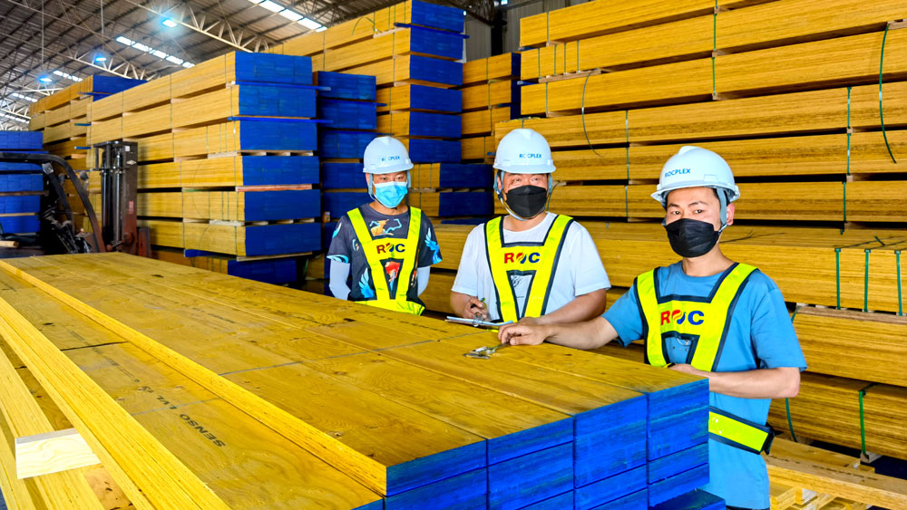 LVL Header Supplier and Order Checks Staff beside stacked LVL timber in a warehouse